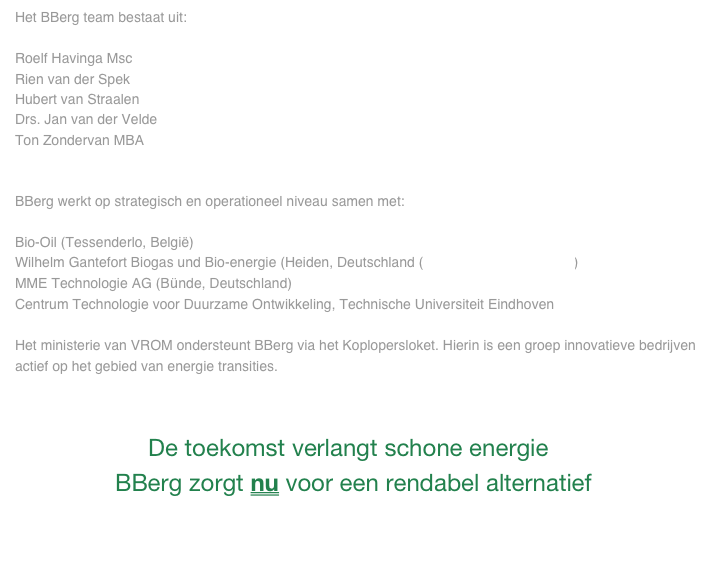 Het BBerg team bestaat uit:

Roelf Havinga Msc
Rien van der Spek 
Hubert van Straalen
Drs. Jan van der Velde
Ton Zondervan MBA


BBerg werkt op strategisch en operationeel niveau samen met:

Bio-Oil (Tessenderlo, België)
Wilhelm Gantefort Biogas und Bio-energie (Heiden, Deutschland (www.biogas-zentrum.de)
MME Technologie AG (Bünde, Deutschland)
Centrum Technologie voor Duurzame Ontwikkeling, Technische Universiteit Eindhoven

Het ministerie van VROM ondersteunt BBerg via het Koplopersloket. Hierin is een groep innovatieve bedrijven actief op het gebied van energie transities.


                    De toekomst verlangt schone energie 
               BBerg zorgt nu voor een rendabel alternatief 

